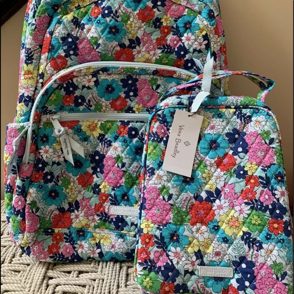 VERA BRADLEY Essential Large Backpack Far Out Floral + Lunch Bag School Blue - Picture 8 of 8